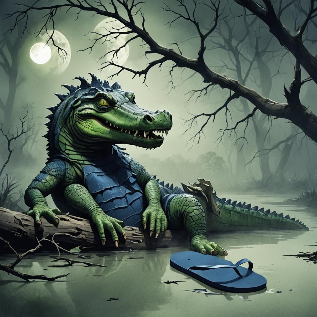 Menacing Green Crocodile in Dark Fantasy Art