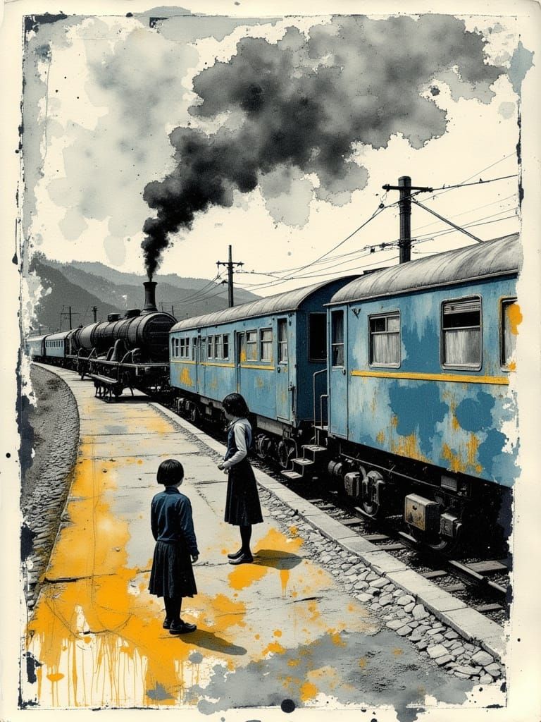 Ink and Watercolor Scene of a Humming Train