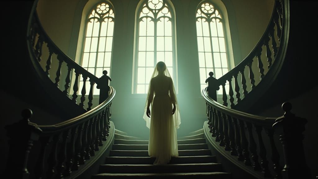 Ethereal Ghost Ascends Haunted Mansion Staircase