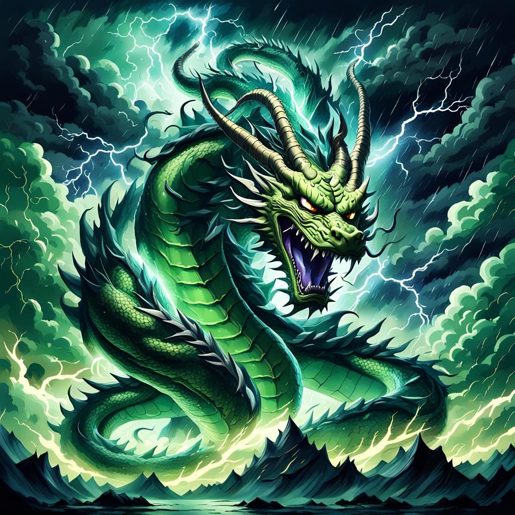 Eerie Green Dragon in Lightning Storm