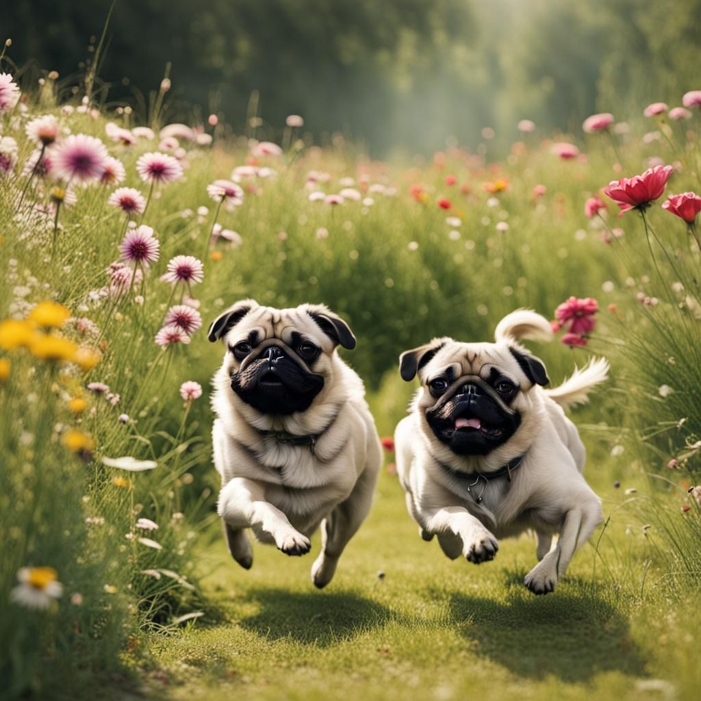 Pugs Running in a Flower Meadow