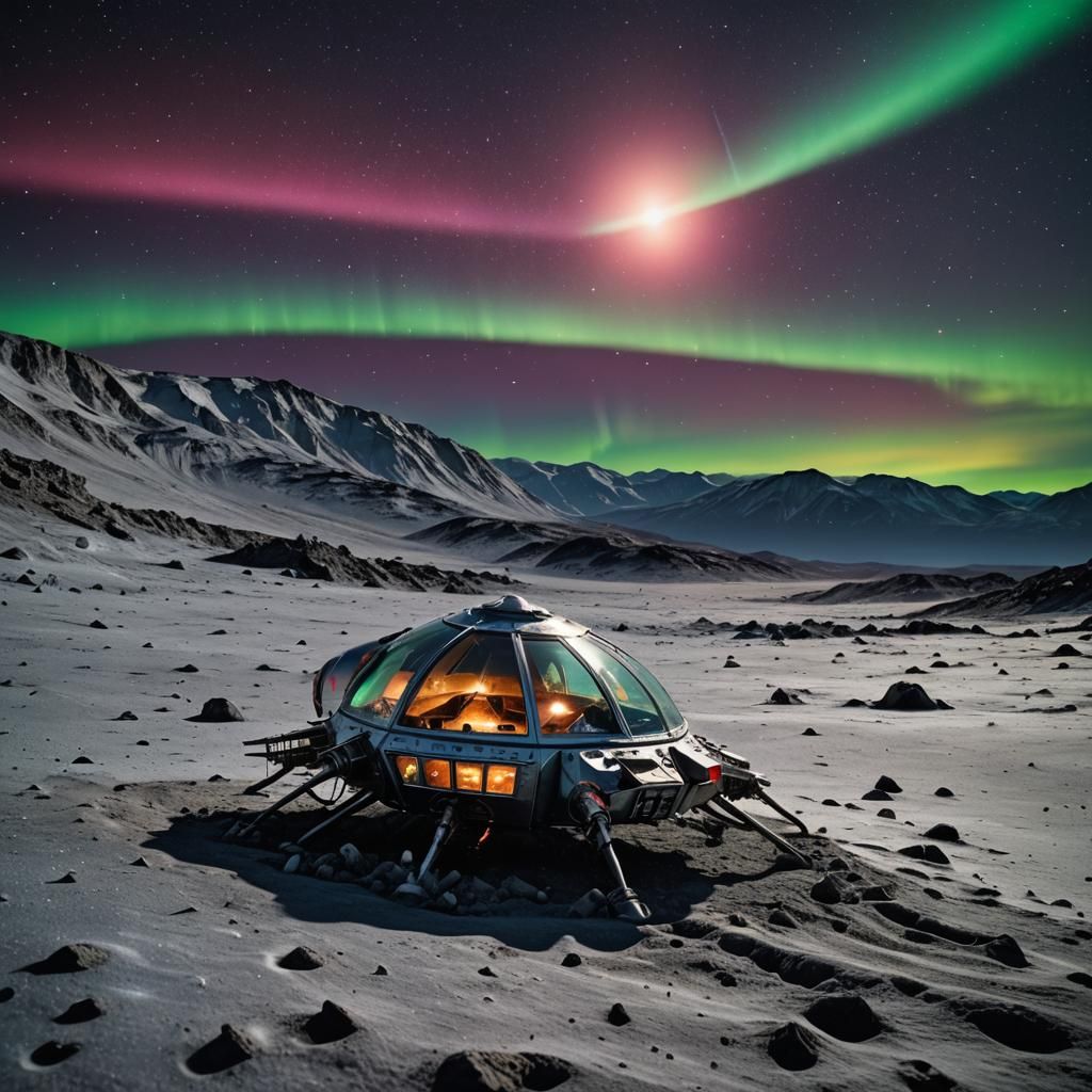 Alien Spaceship on the Moon with Northern Lights