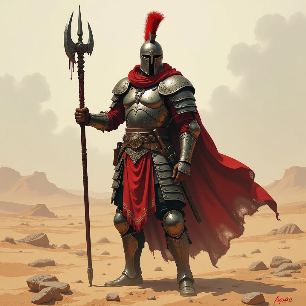 Thyrsian Warrior in Barren Landscape, Digital Art
