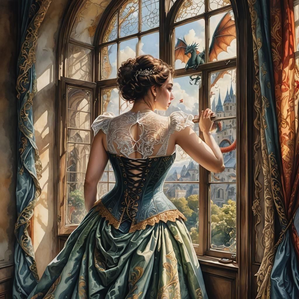 Renaissance Woman and Dragon, Watercolor Gouache Art