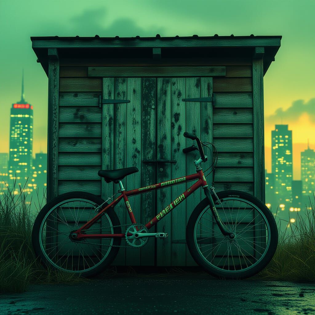 Neon Cityscape Backdrop with Rustic Shed