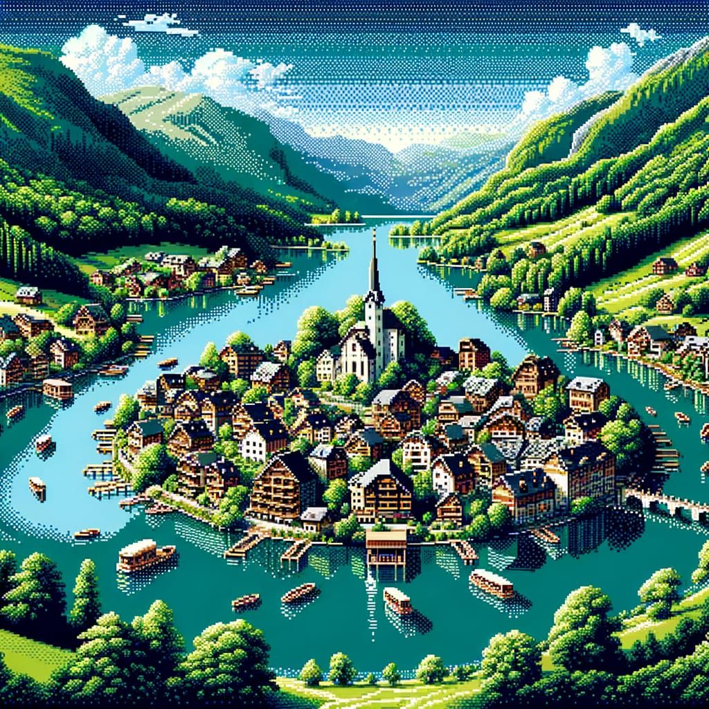 Tranquil Lakeside Town in 8-Bit Pixel Art