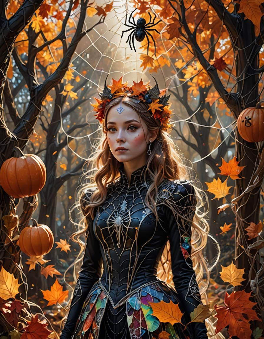 Dreamlike Autumn Scene with Halloween Decorations