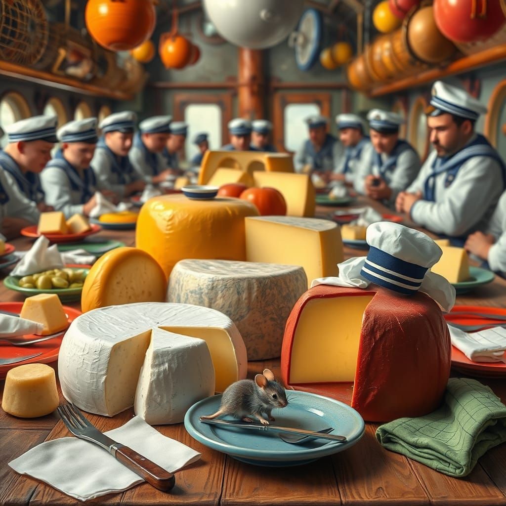 Cheeses in Navy Mess Hall, Whimsical Still-Life