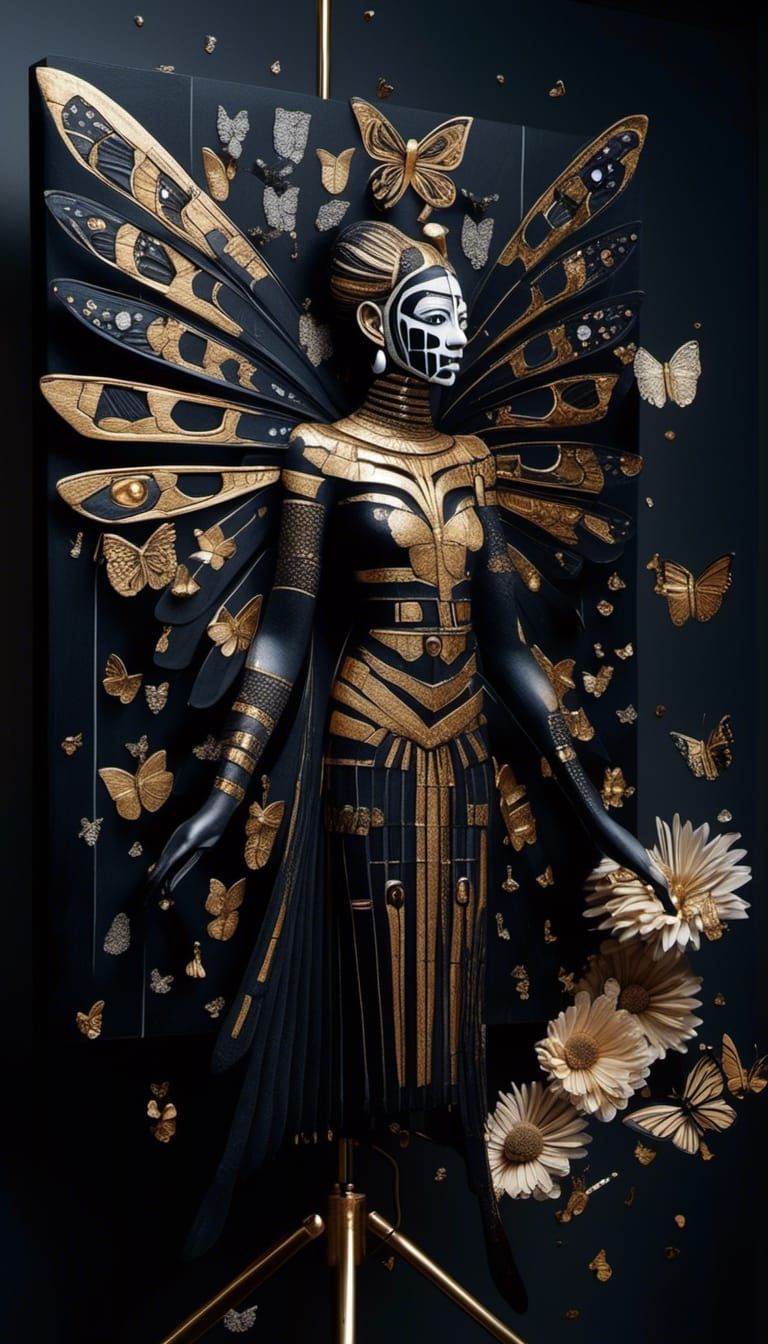 Obsidian Butterfly Goddess in Cubist Aztec Painting