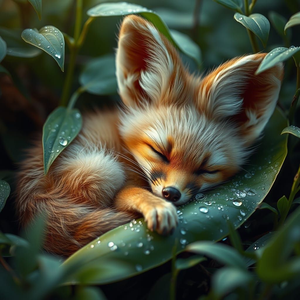 Fennec Fox Asleep on Dewy Leaf in 3D Realism