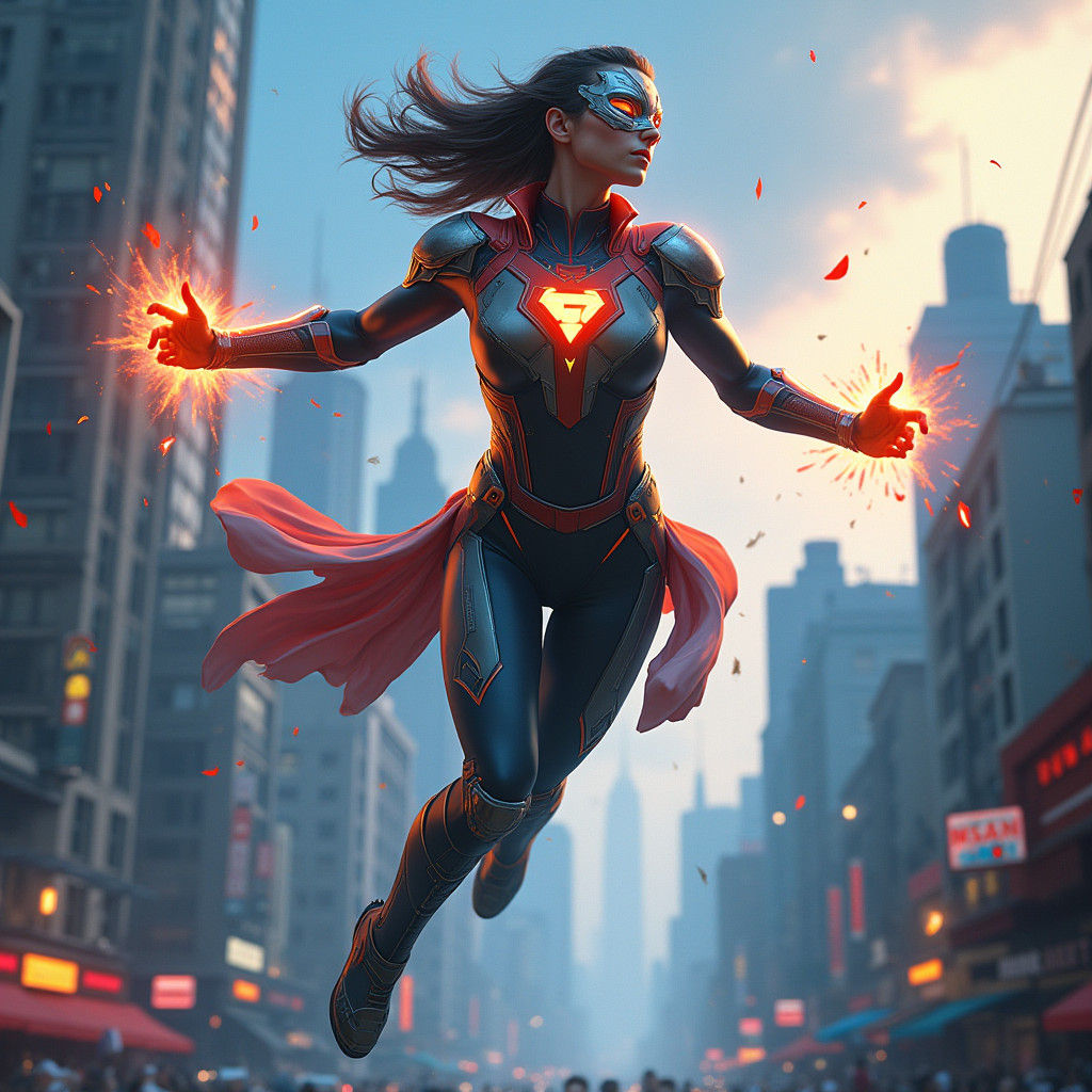 Dynamic Superhero in Futuristic Cityscape, Matte Painting