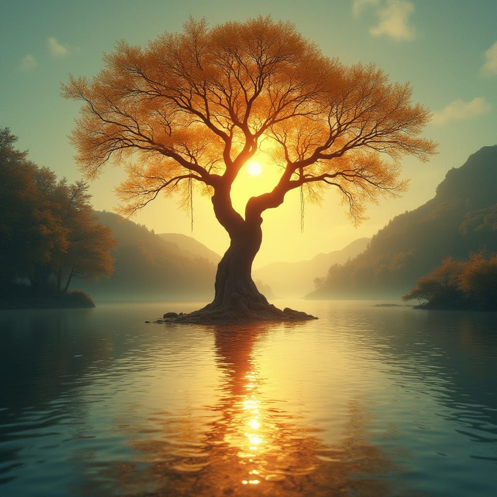 Surreal Lake Scene: Tree Melts like Wax in Golden Light