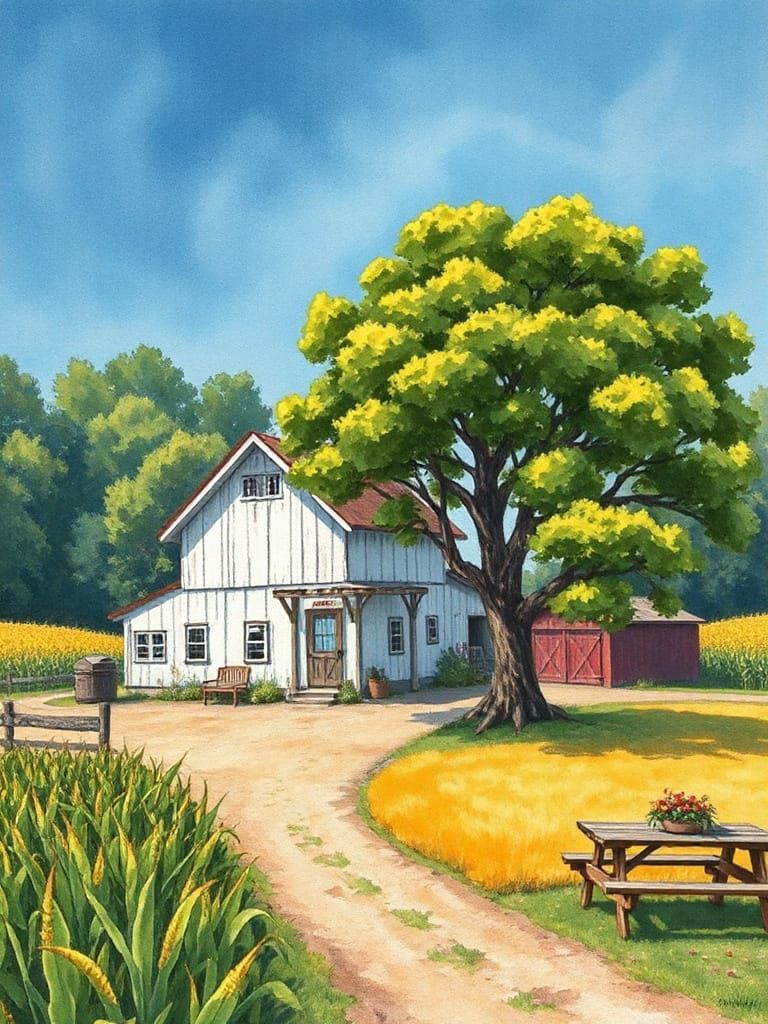 Quaint Farmhouse with Hex Signs in Comic Book Style