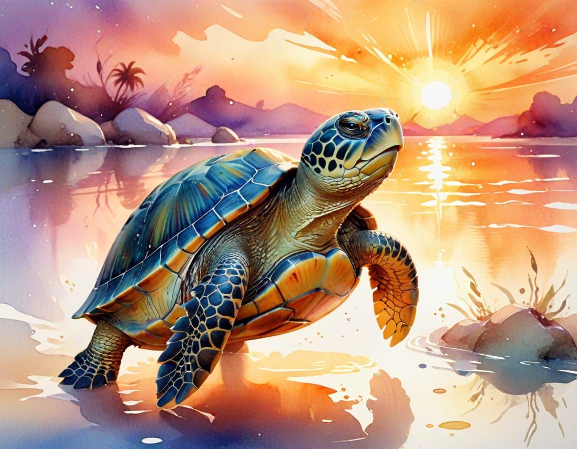 Singing Turtle in Watercolour Sunset Scene