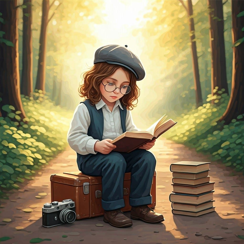Boy Reading in Forest, Watercolor Style