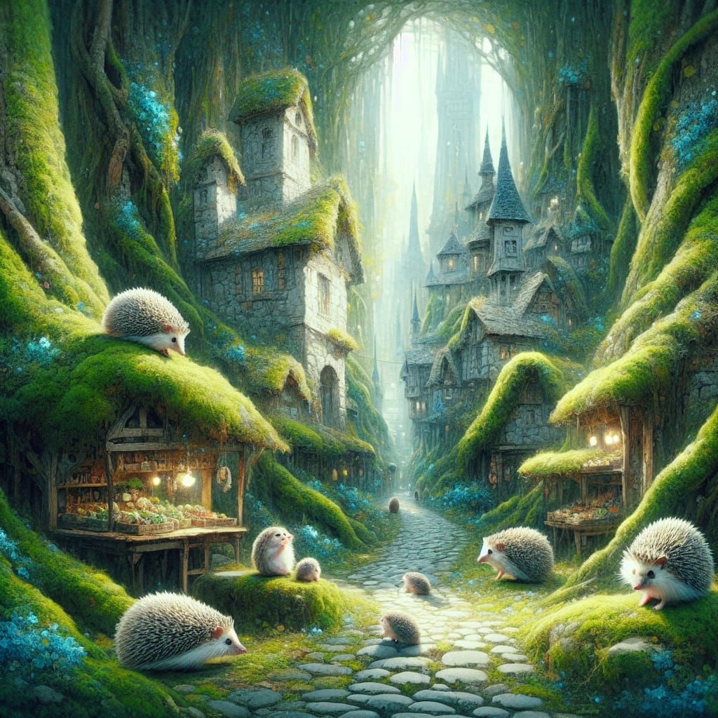 Enchanted Stone Village with Mossy Garden in Watercolor Styl...