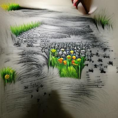 Enchanting Field with Flowers: Charcoal Drawing