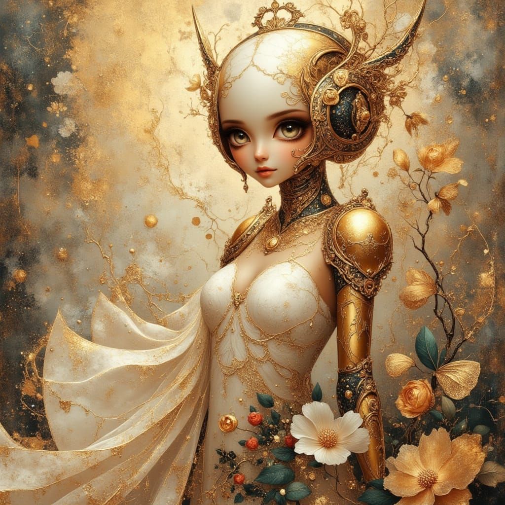 Nymph Cyborg Robot with Floral Designs in Anime Style