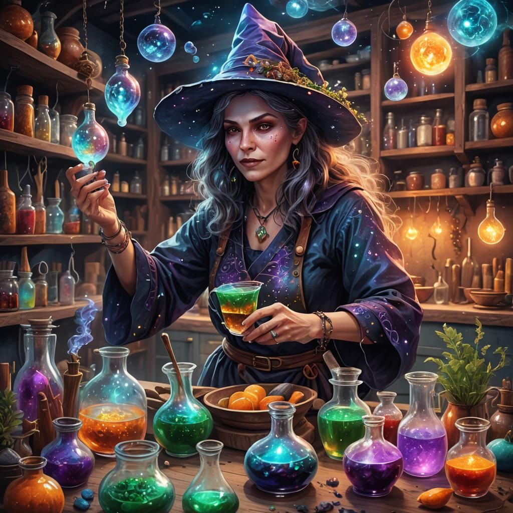 Kitchen Witch Making Potions in Astral Illustration