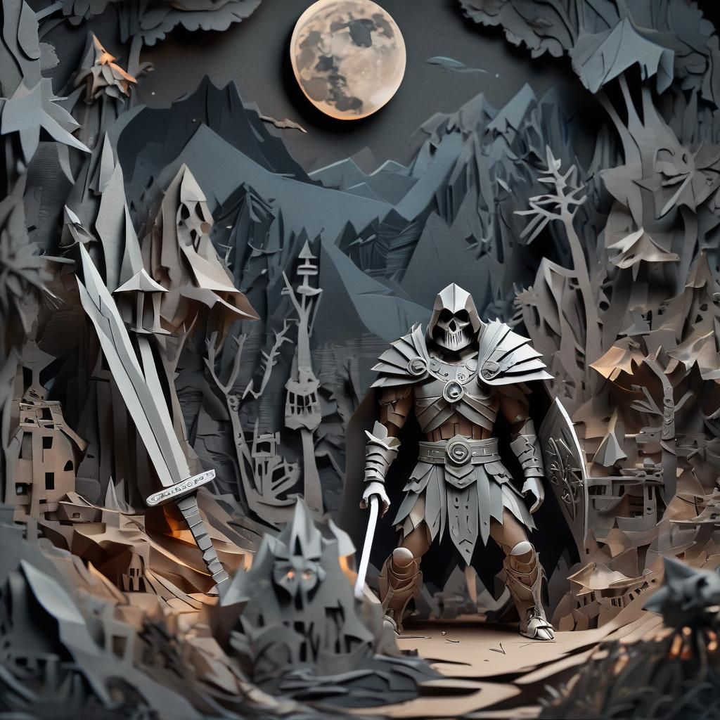 Barbarian Battles Undead in Fantasy Paper Art