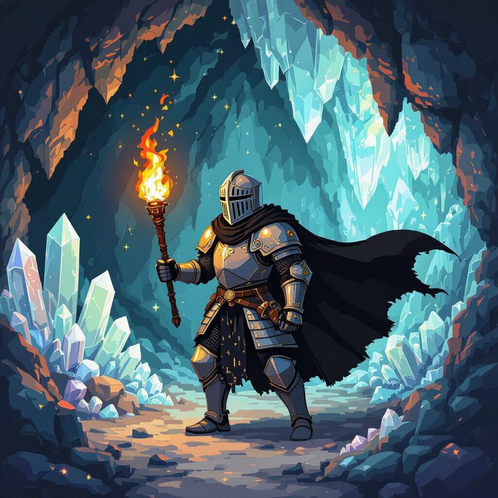 Pixel Art Knight in Crystal Cavern with Torch