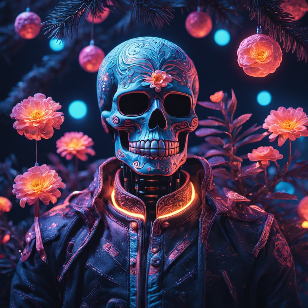 Synthwave Sugar Skull Christmas Tree with Neon Glow