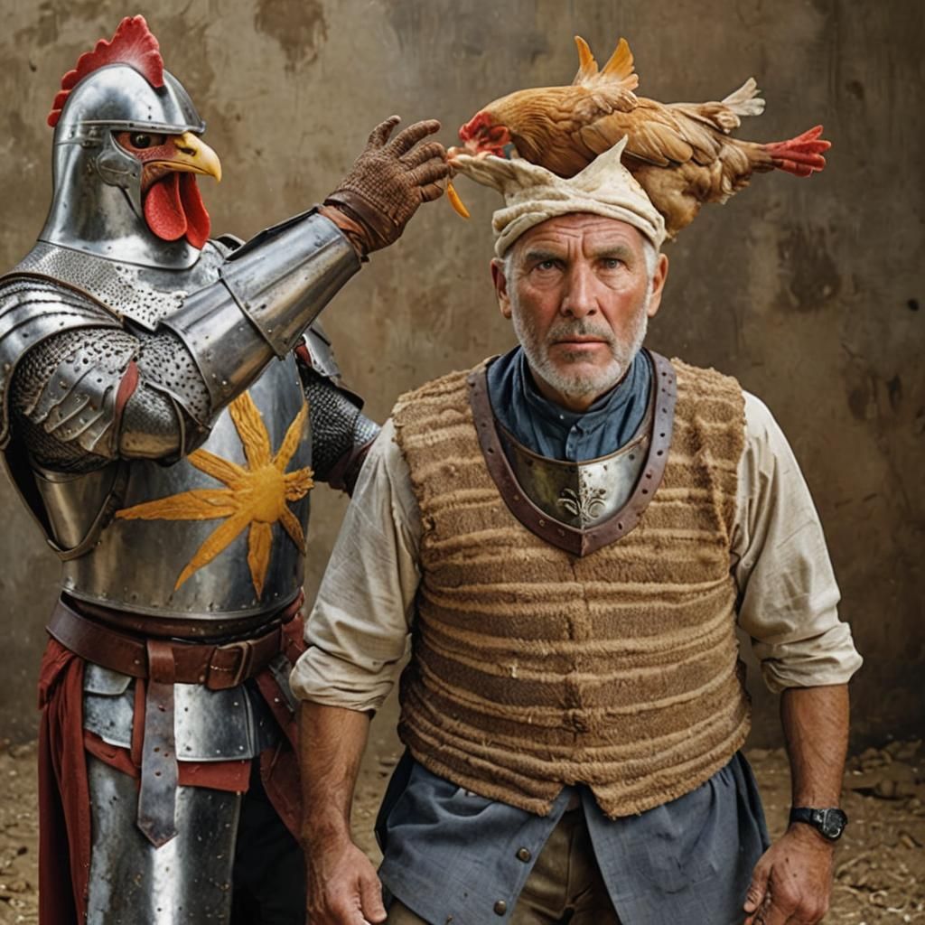 Knight Hits Jester with Chicken: Professional Portrait