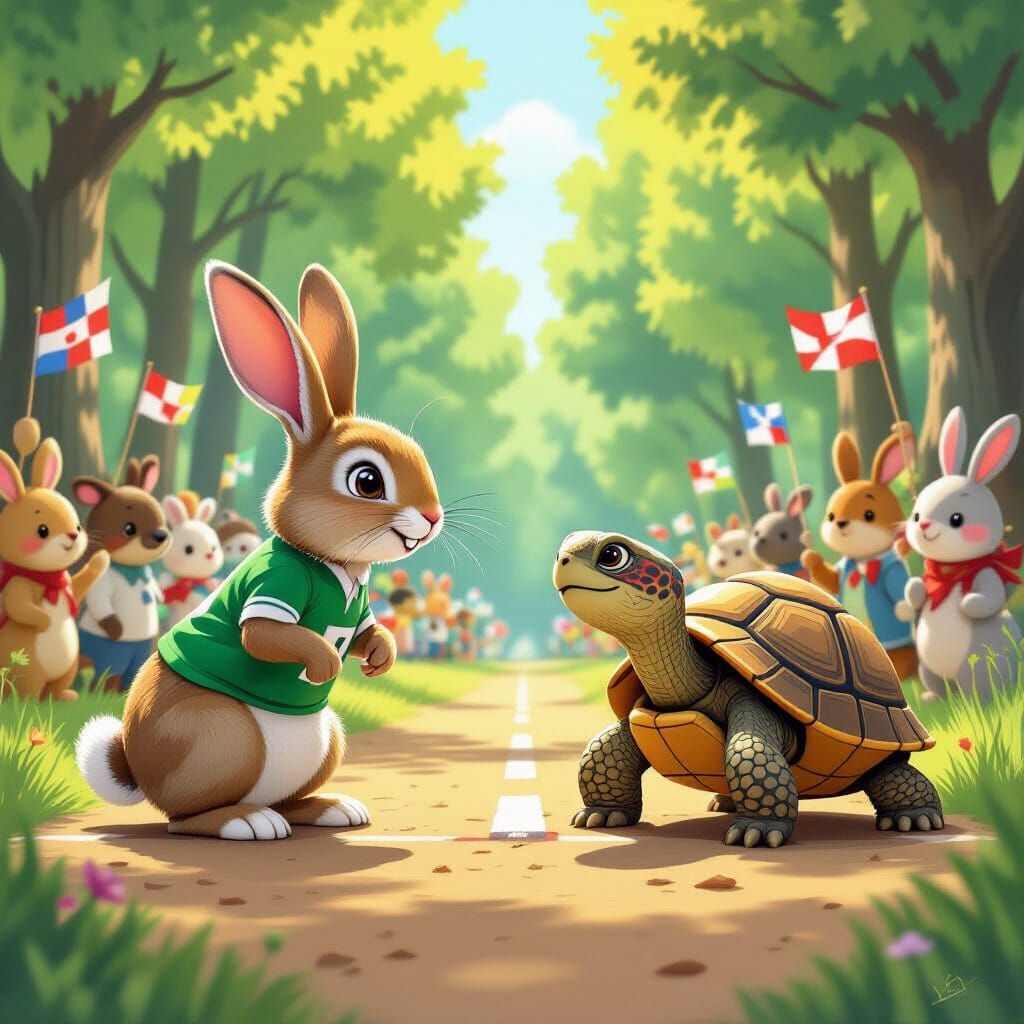 Rabbit and Tortoise Race Through Whimsical Forest
