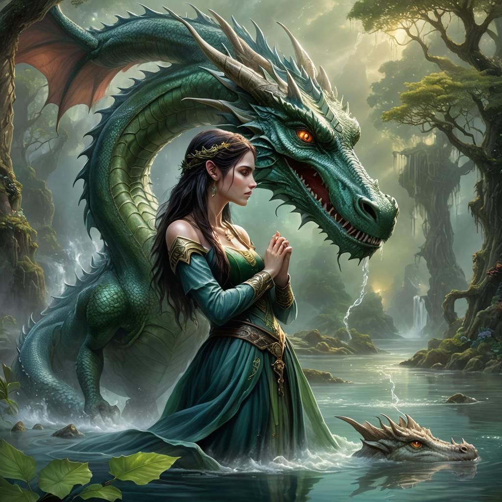 Elf Maiden with Dragon in Ethereal Swamp