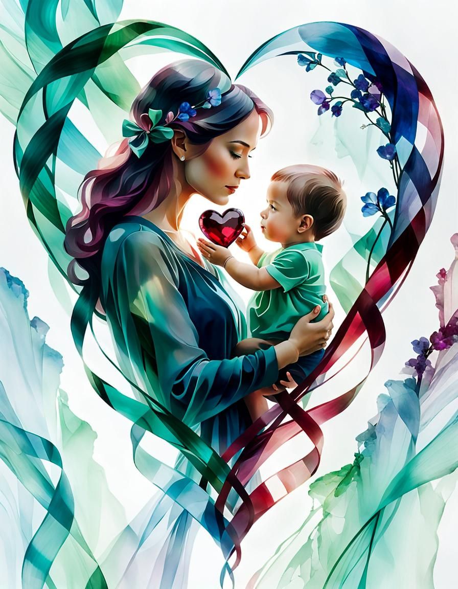 Loving Mother and Child with Gemstone Heart