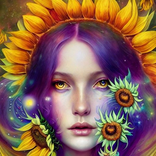 Ethereal Goddess of Light with Sunflowers in Matte Painting