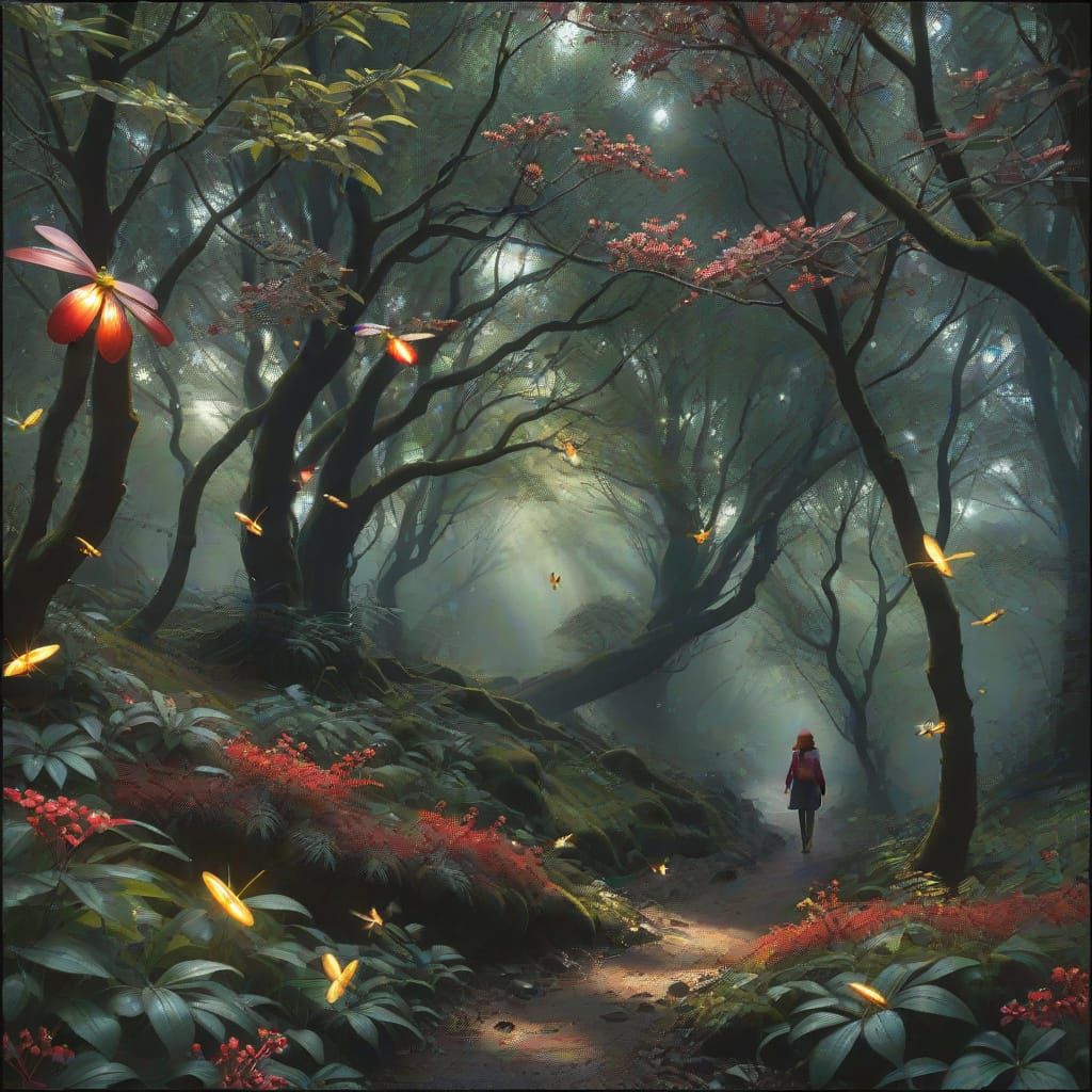 Dreamlike Figure Walks Through a Twisted Forest in Vibrant, ...