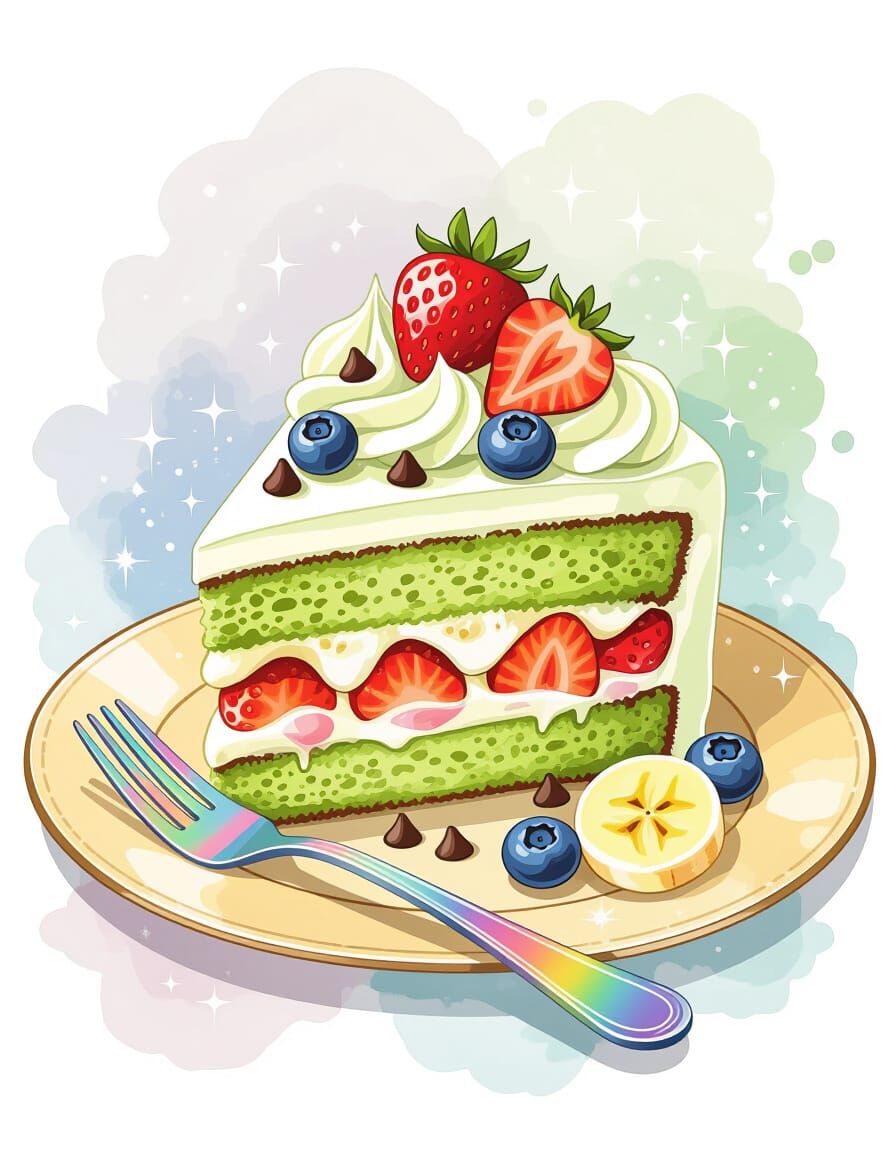 Matcha Cream Cake Slice with Watercolor Background