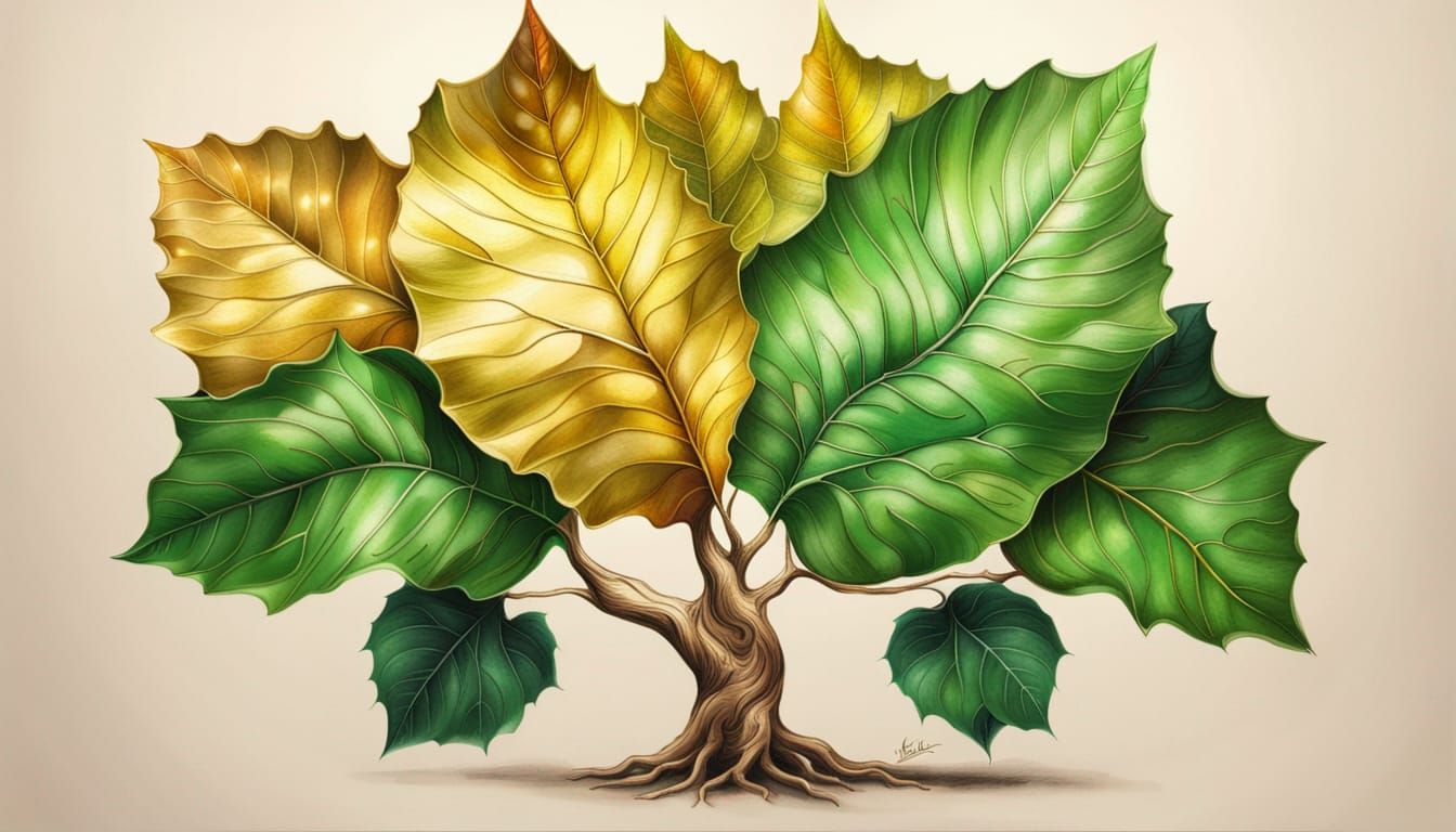 Hyperrealistic Tree with Golden Leaf Sketch