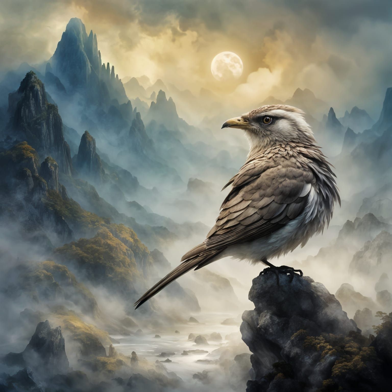 Fluffy Bird in Chinese Watercolor Landscape