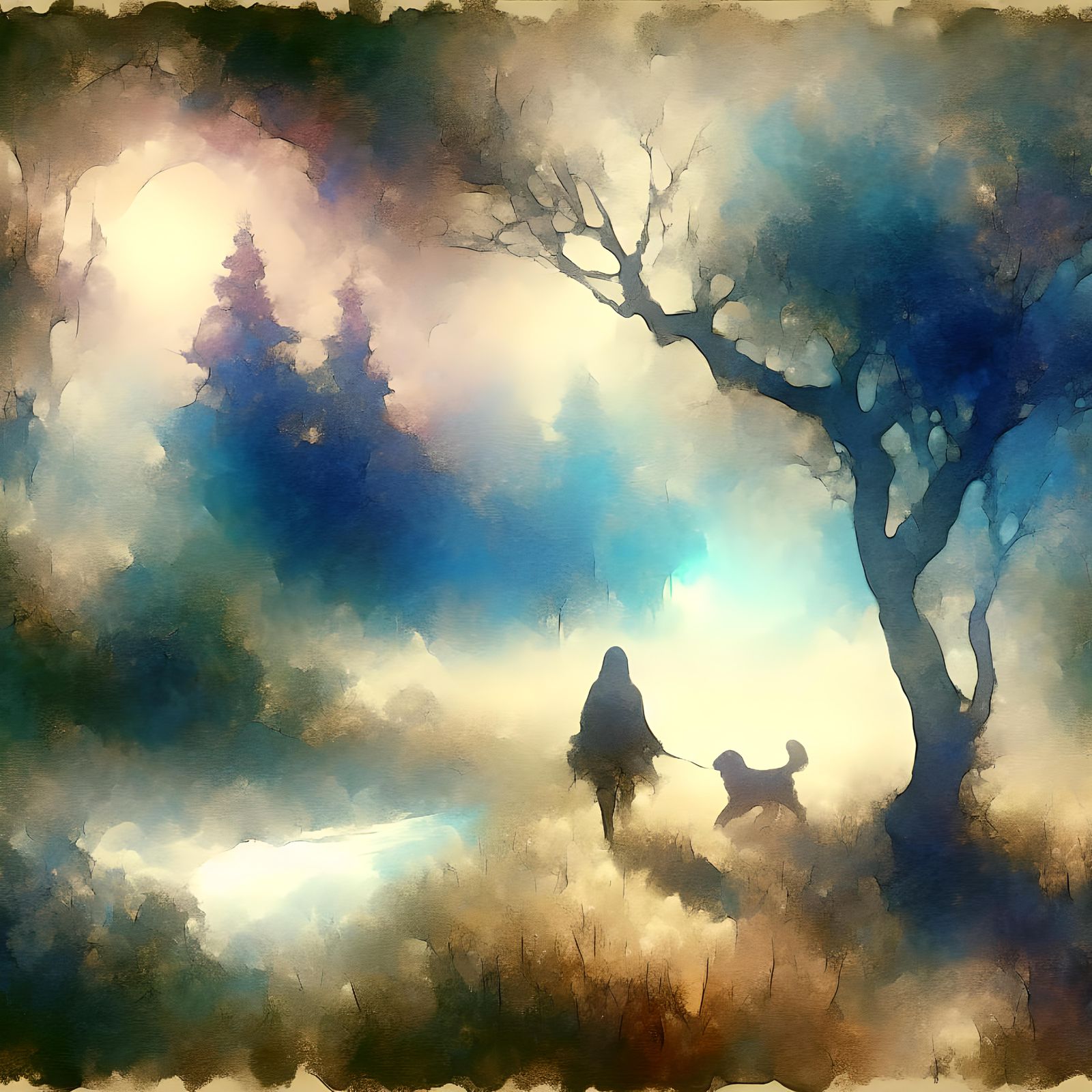 Ethereal Watercolor: Person Walking Puppy in Mist