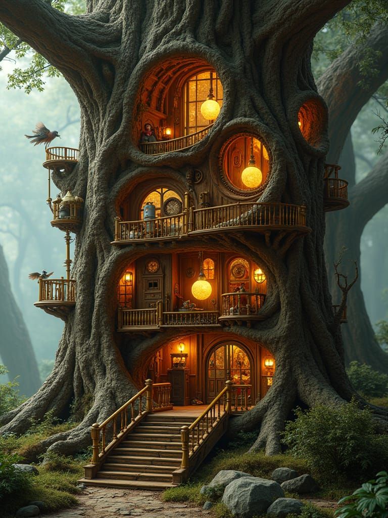 Steampunk Clockwork City Inside Giant Ancient Tree