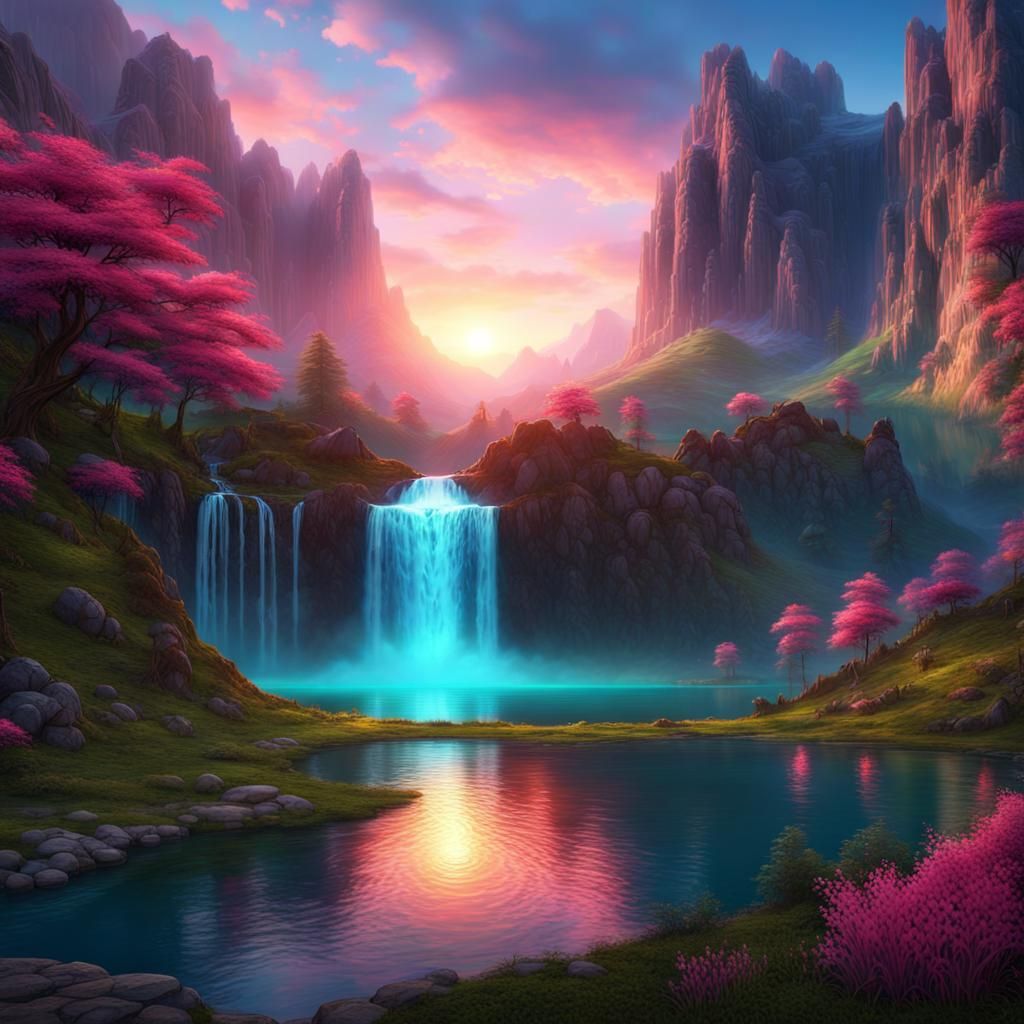 Magical Mountain Sunset with Waterfall in Dark Fantasy Style