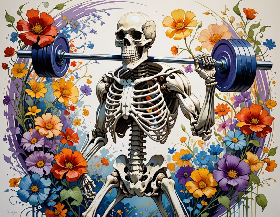 Vibrant Art Nouveau Skeleton in Whimsical Deadlift