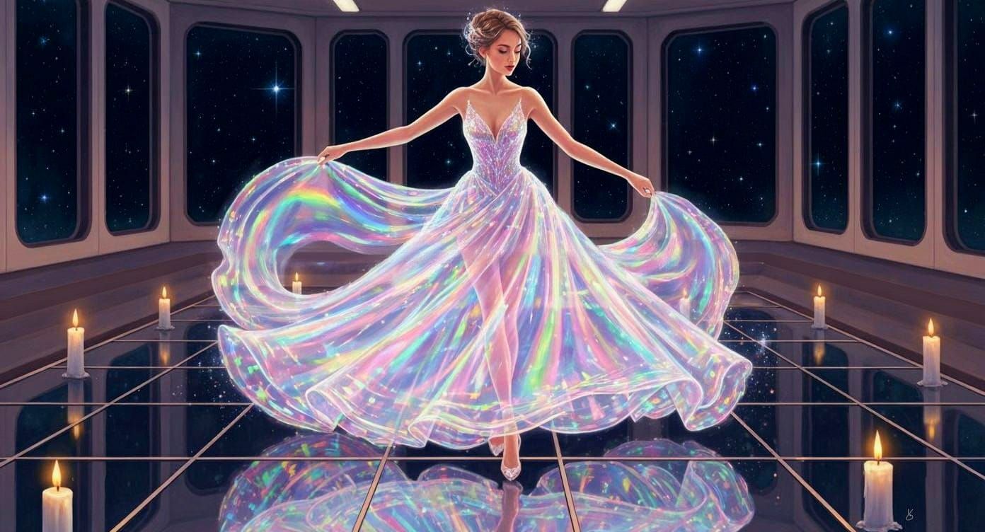 Ethereal Woman in Shimmering Glass Ballgown Dances Among Sta...