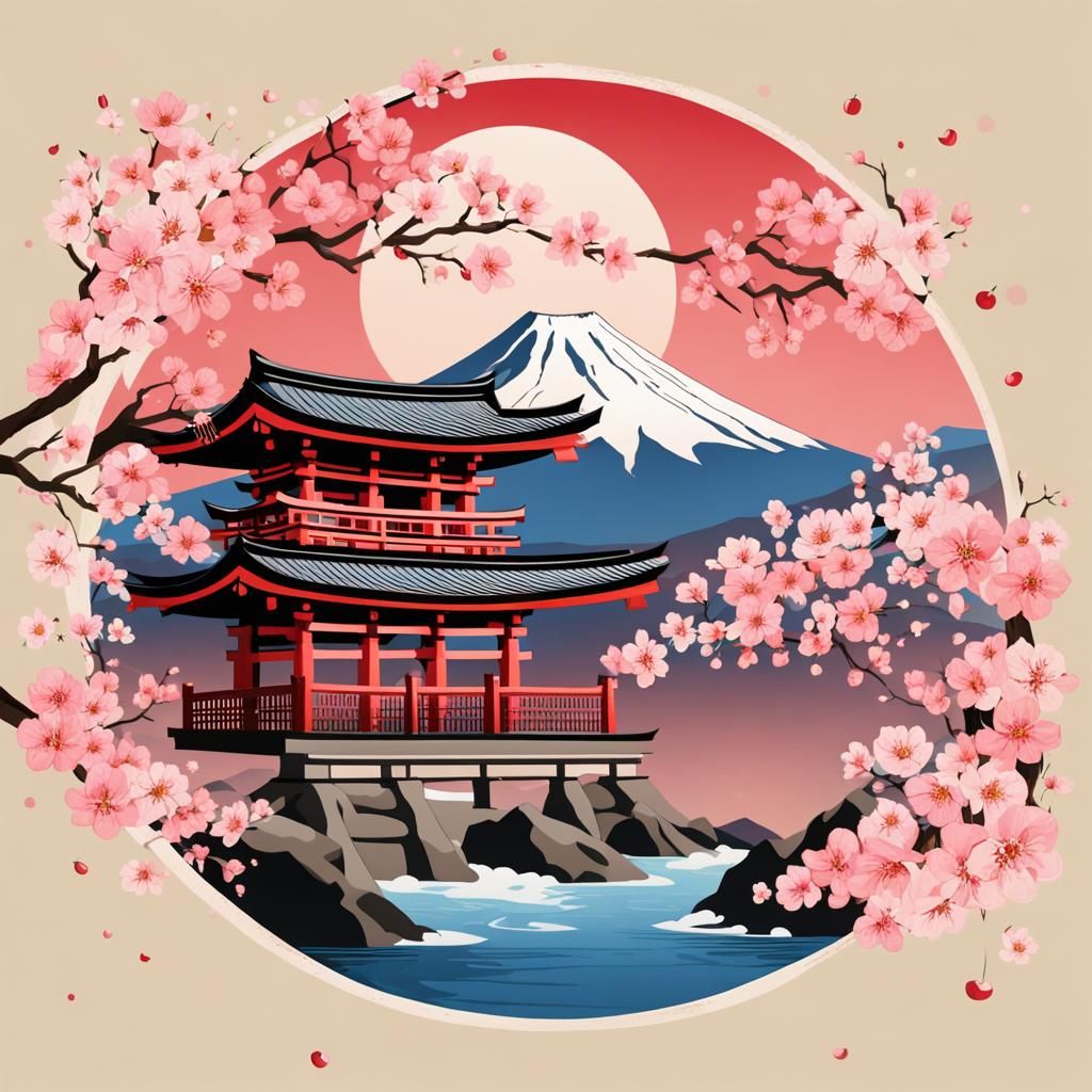 Mount Fuji and Cherry Blossoms at Torii Gate