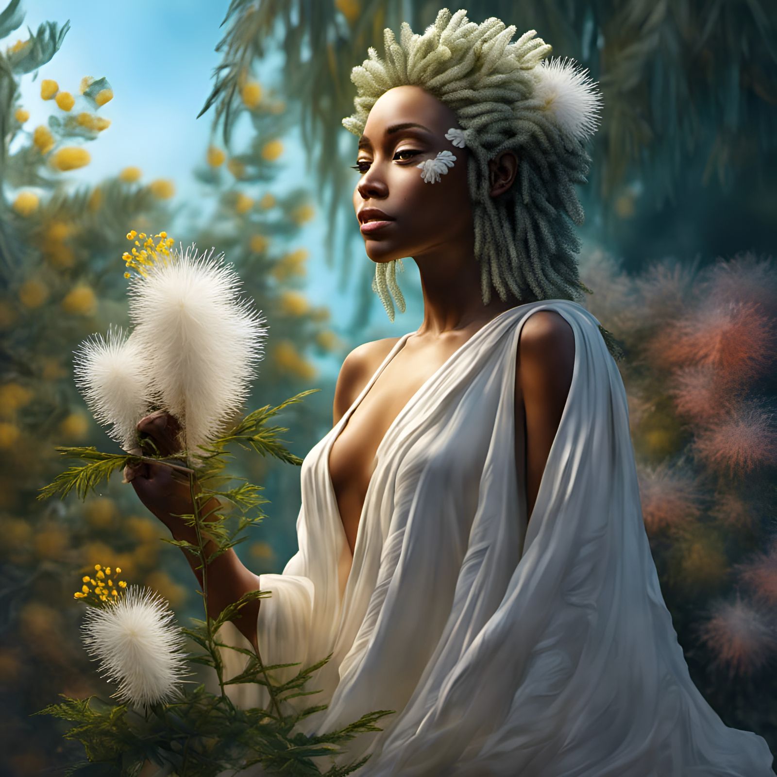 Hyperrealistic Mimosa Goddess with Bottle Brush Flowers