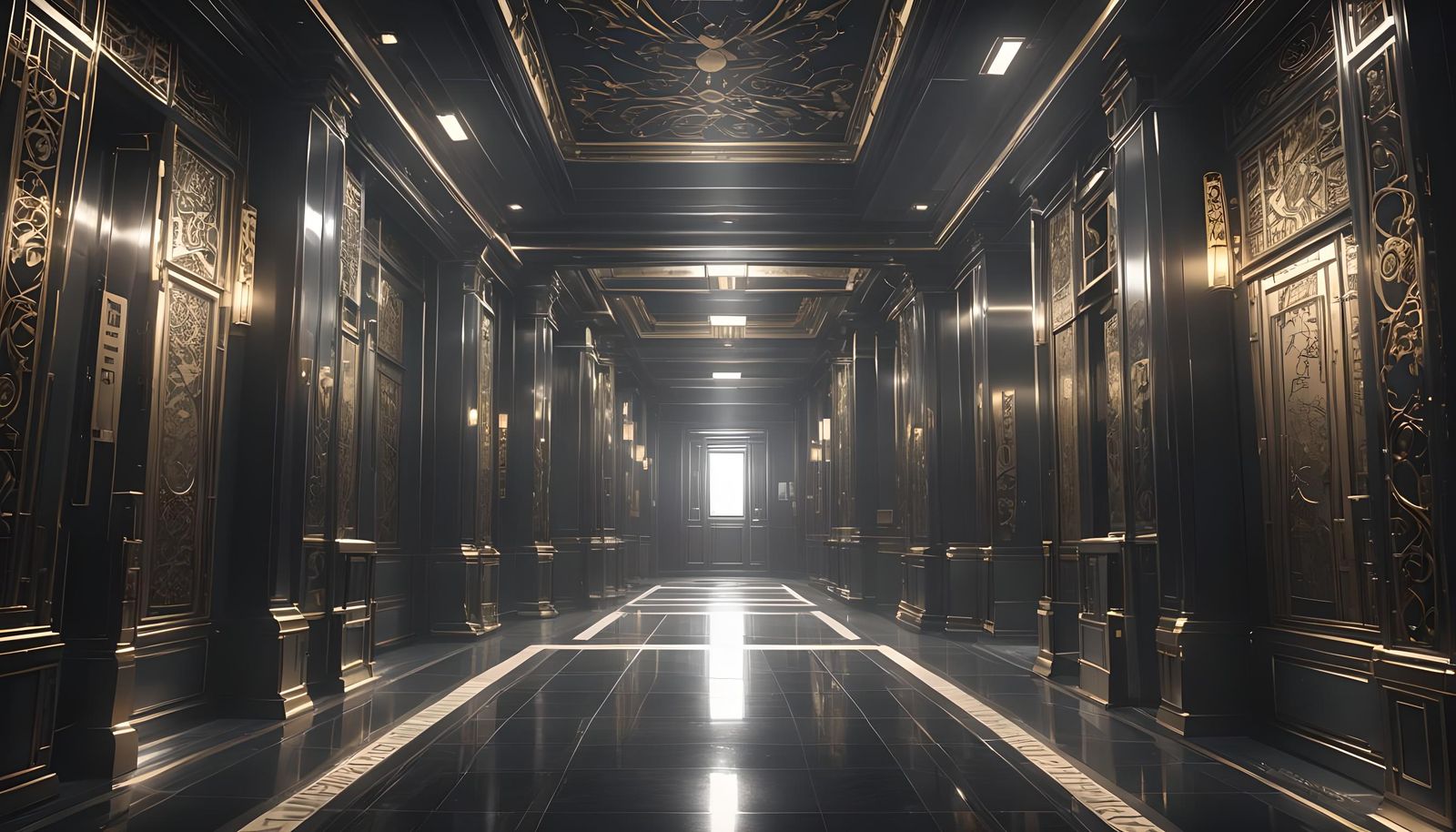 Mystical Dark Corridor with Open Elevator, Anime Art