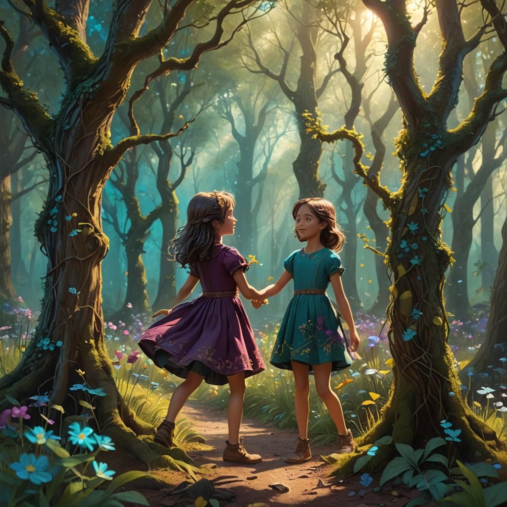 Girl Picking Flowers in Turquoise Forest Matte Painting