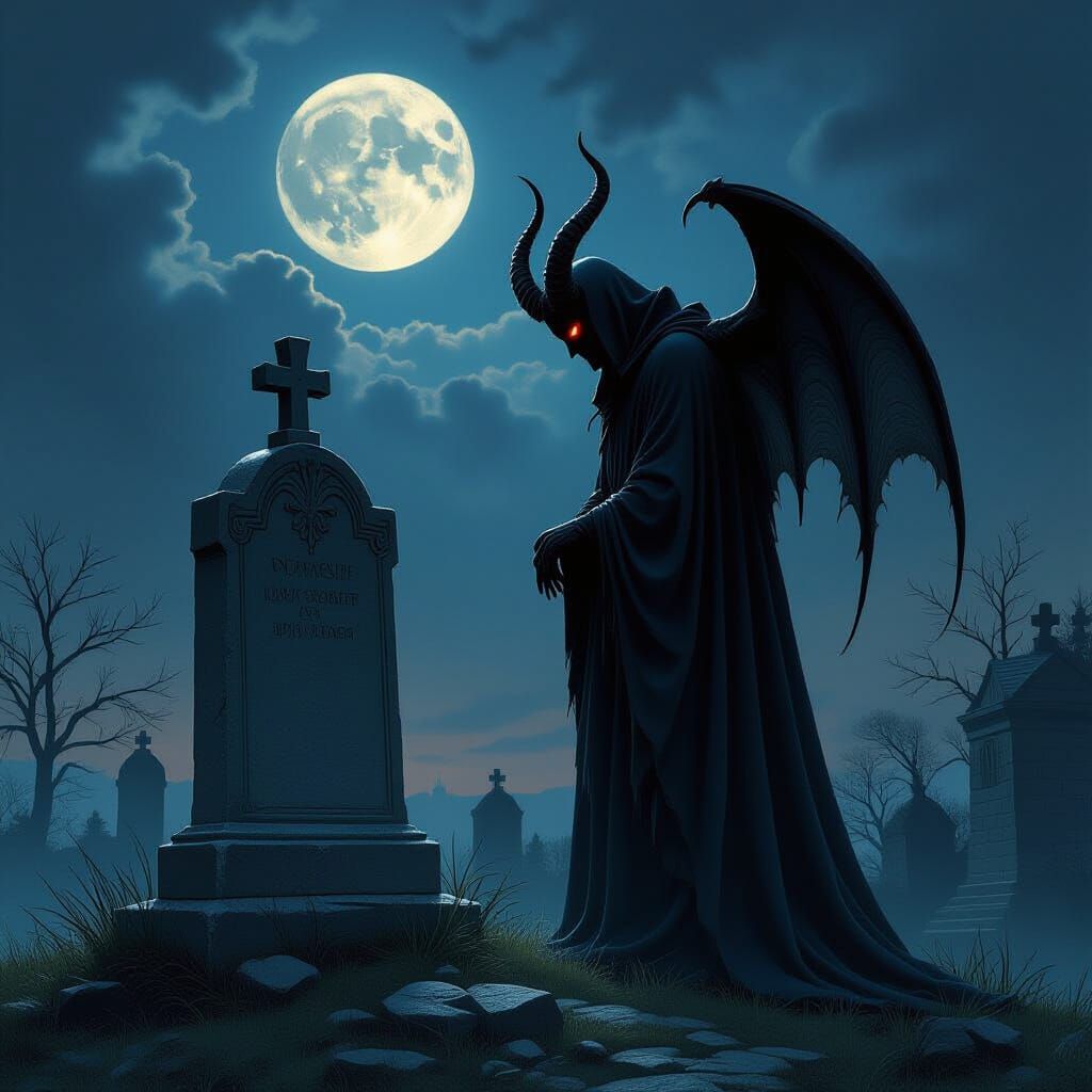 Demonic Figure at Tombstone in Horror Style