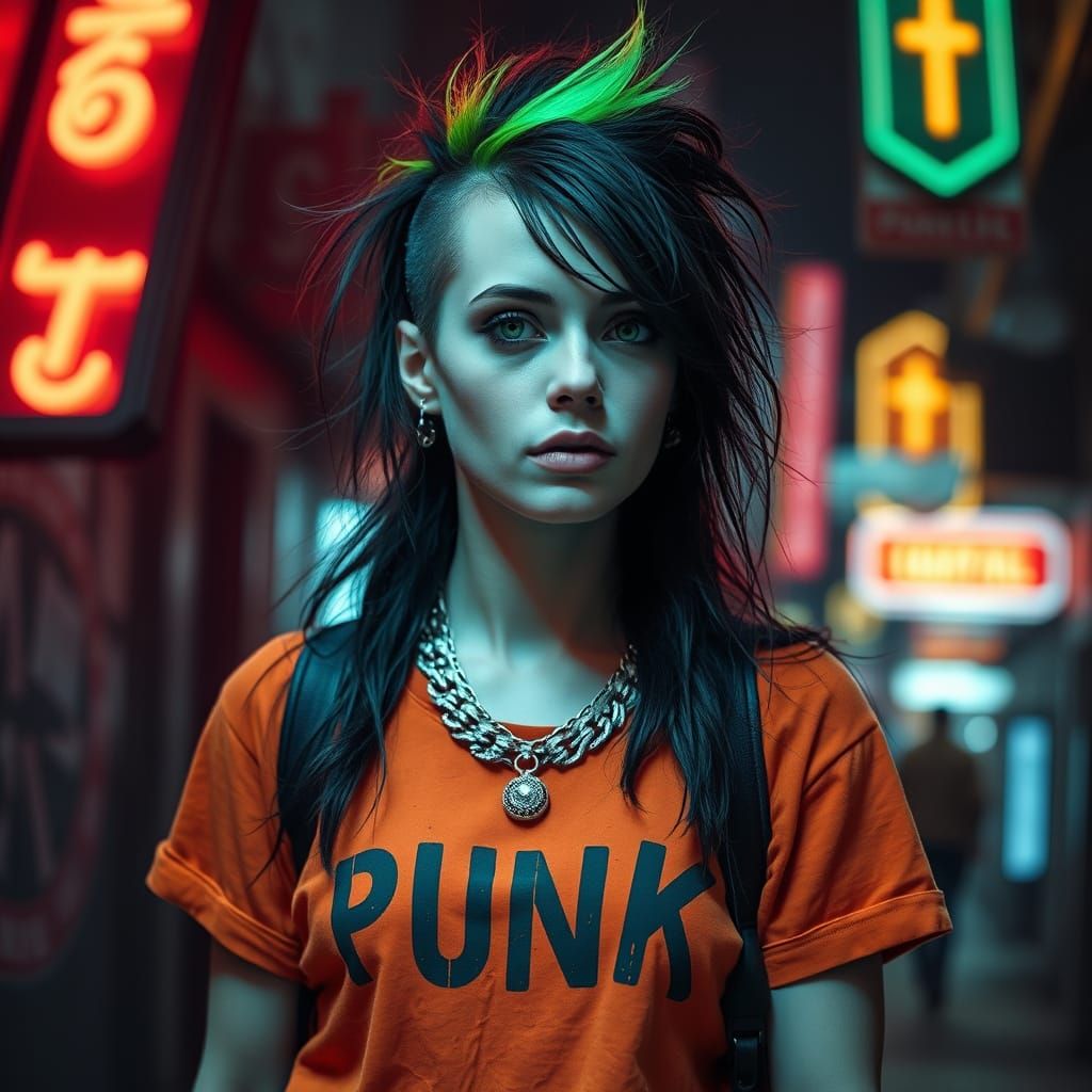 Goth Punk Woman in Cyberpunk Hellscape with Neon Lights