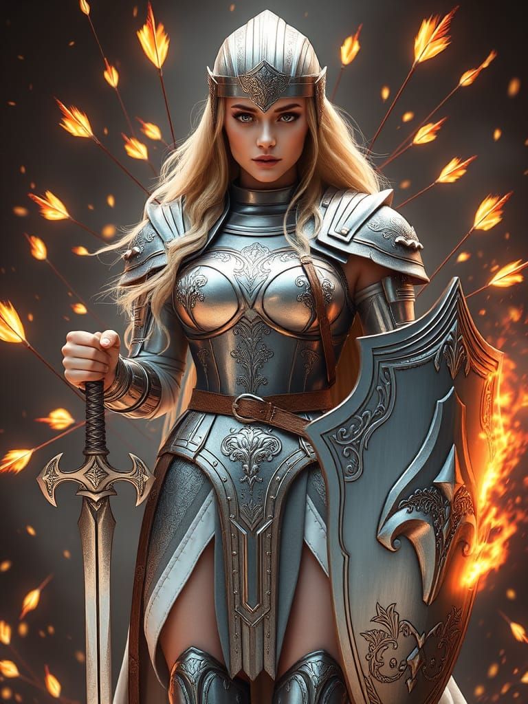 Ethereal Woman Warrior in Silver Armor, 3D Rendered