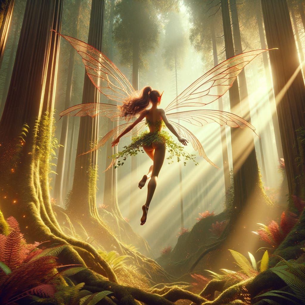 Fairy in Flight Through Golden Lit Woods