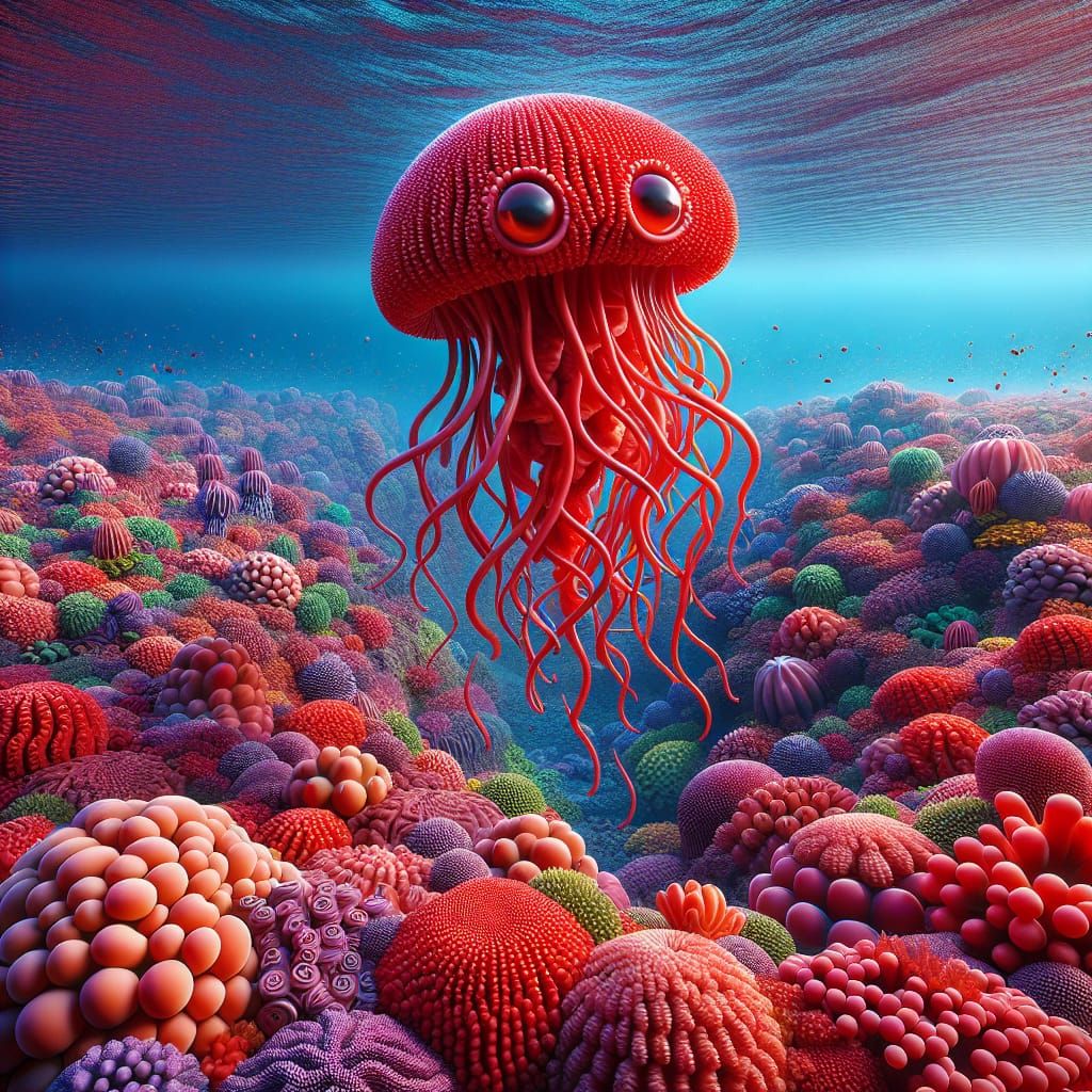 Red Jellyfish in Coral Reef: Cell-Shaded Hyperrealism