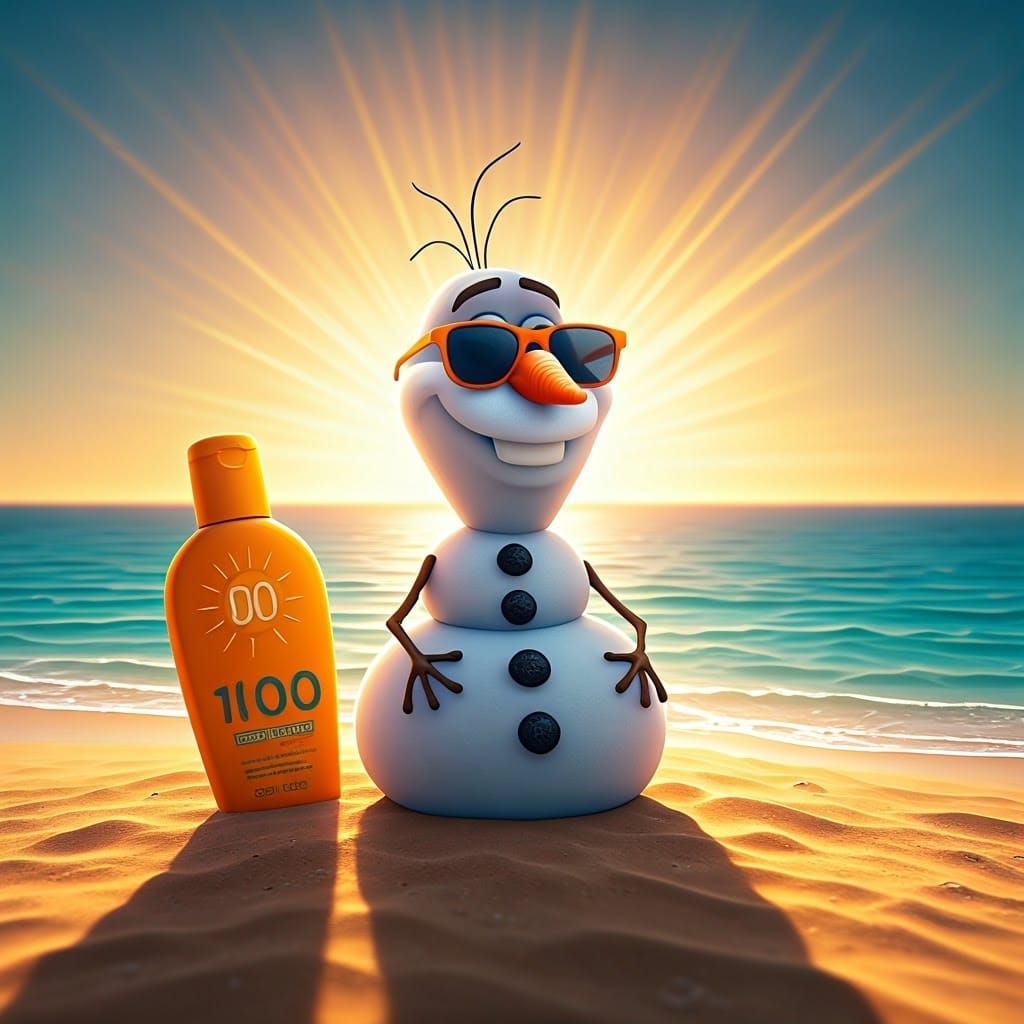 Snowman Sunbathing on Beach as 3D Digital Art